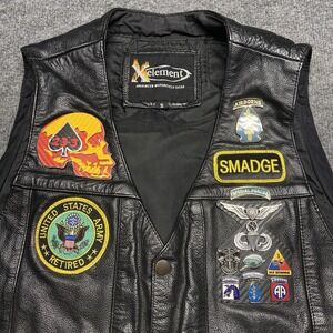 Xelement Black Leather Motorcycle Vest With Many Patches Side Laces Sz S  *READ*